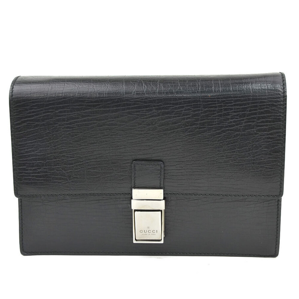 Gucci Push Lock Leather Document Clutch Bag Black